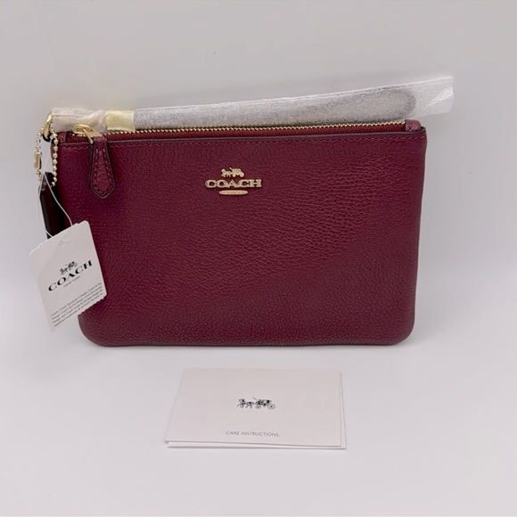 Coach Women's Polished Pebble Leather Small Zip-Top Wristlet Deep Berry NWT - Picture 2 of 9